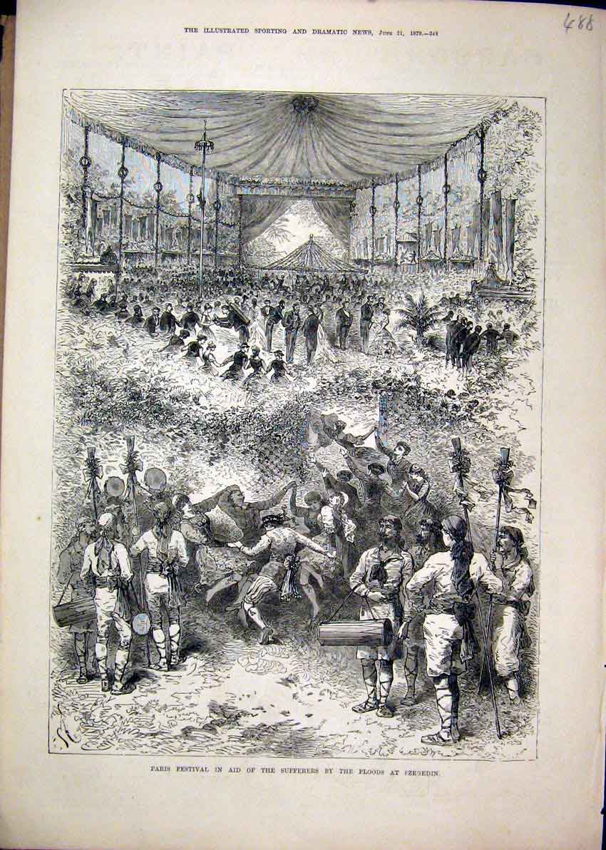 Original Old Antique Print 1879 Paris Festival Sufferers Floods Szegedin Concert