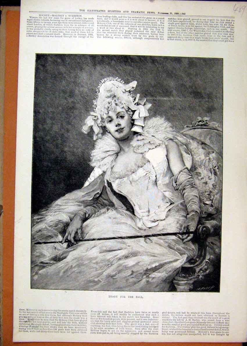 Old Antique Print Woman Beautiful Dress Ball 1889 Sitting Chair Fine Art 19th
