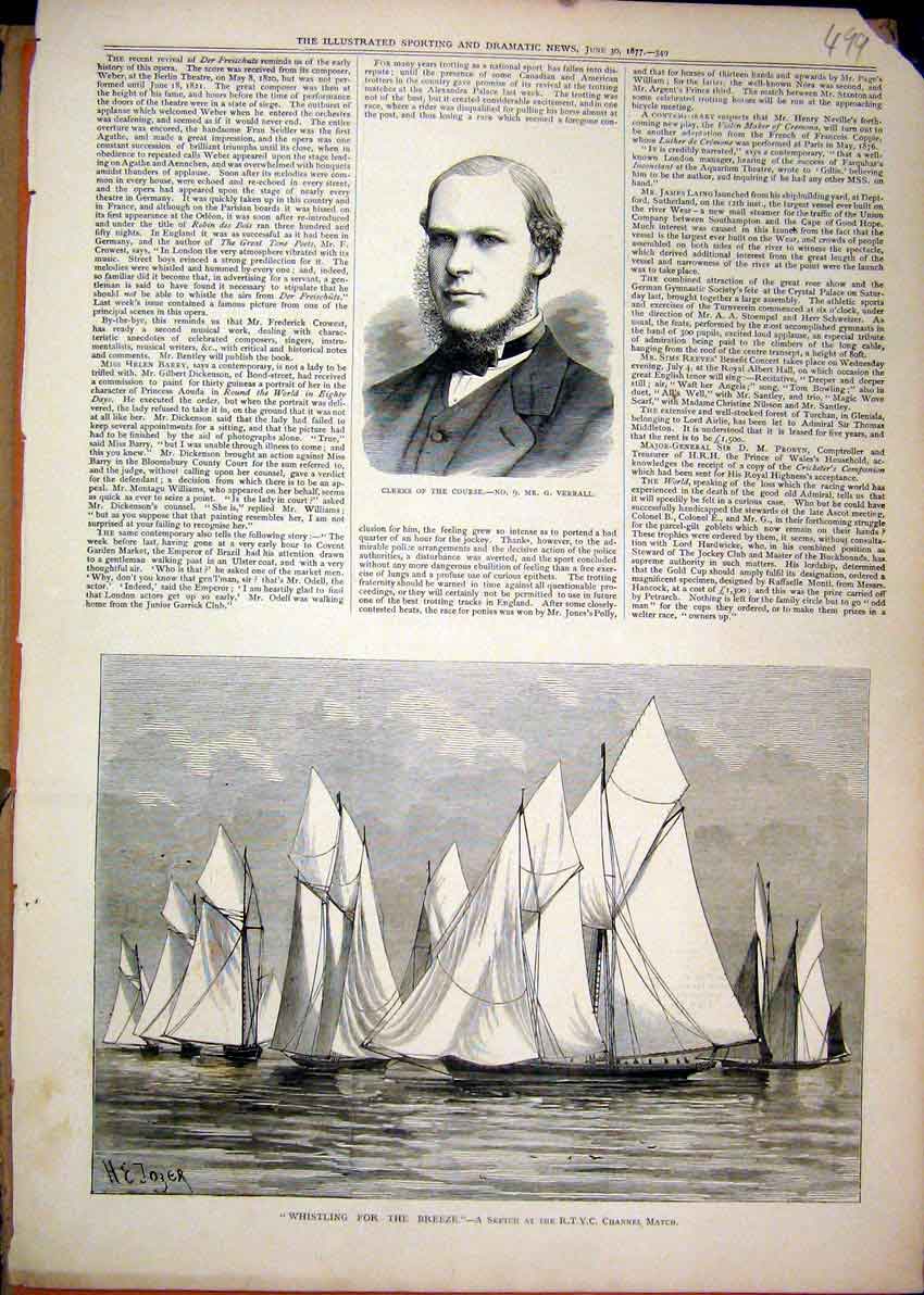 Original Old Antique Print 1877 Portrait Verrall Clerk Whistling Breeze Channel