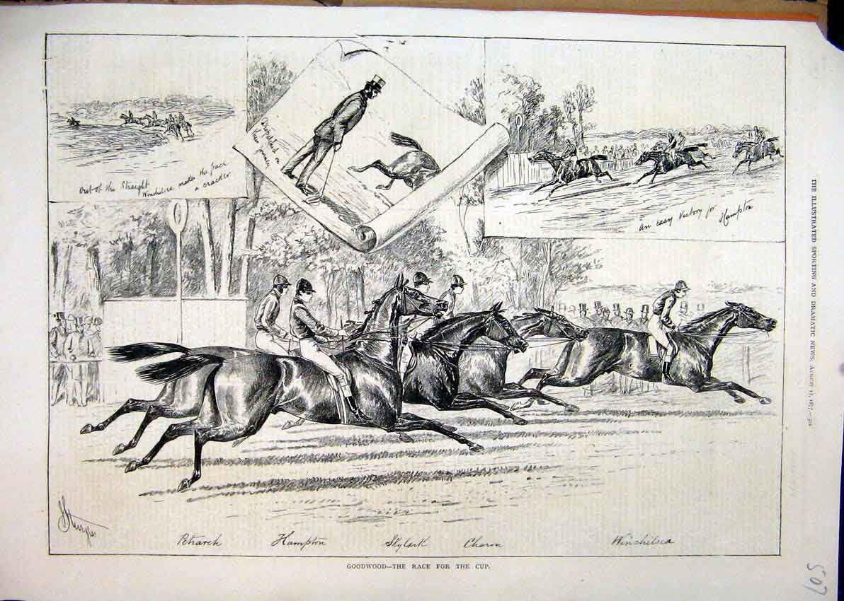 Original Old Antique Print 1877 Goodwood Horse Race Cup Skylark Hampton 19th