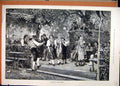Original Old Antique Print 1886 Women Men Dancing German Trees Garden Scene 19th