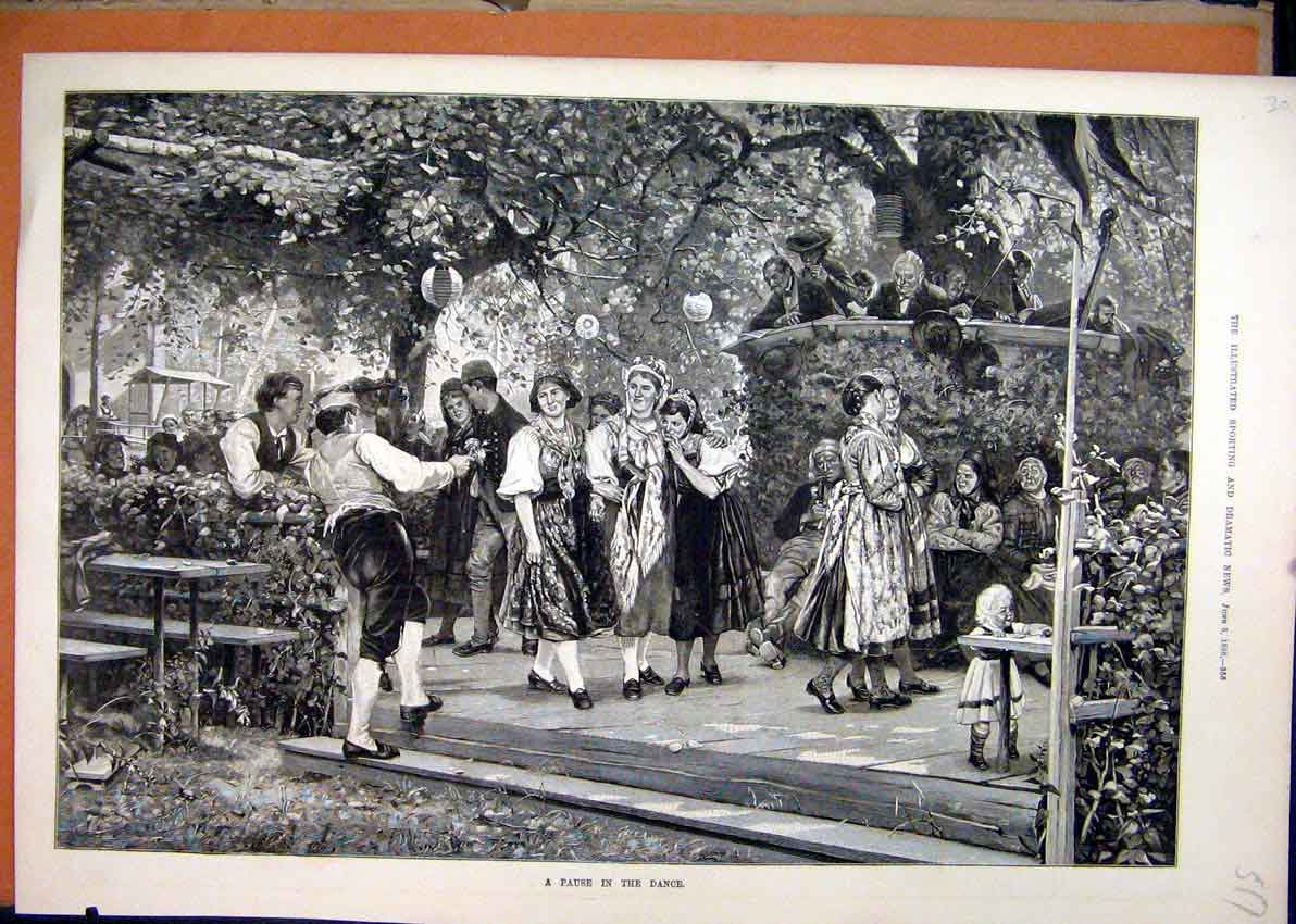 Original Old Antique Print 1886 Women Men Dancing German Trees Garden Scene 19th