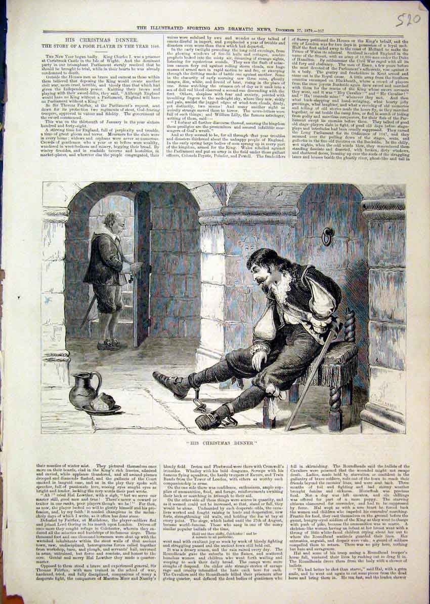 Original Old Antique Print 1879 Prisoner Dungeon Christmas Dinner Carisbrook