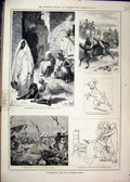 Original Old Antique Print Christmas 1879 People Akazar Horse Fishing Tunny Dog