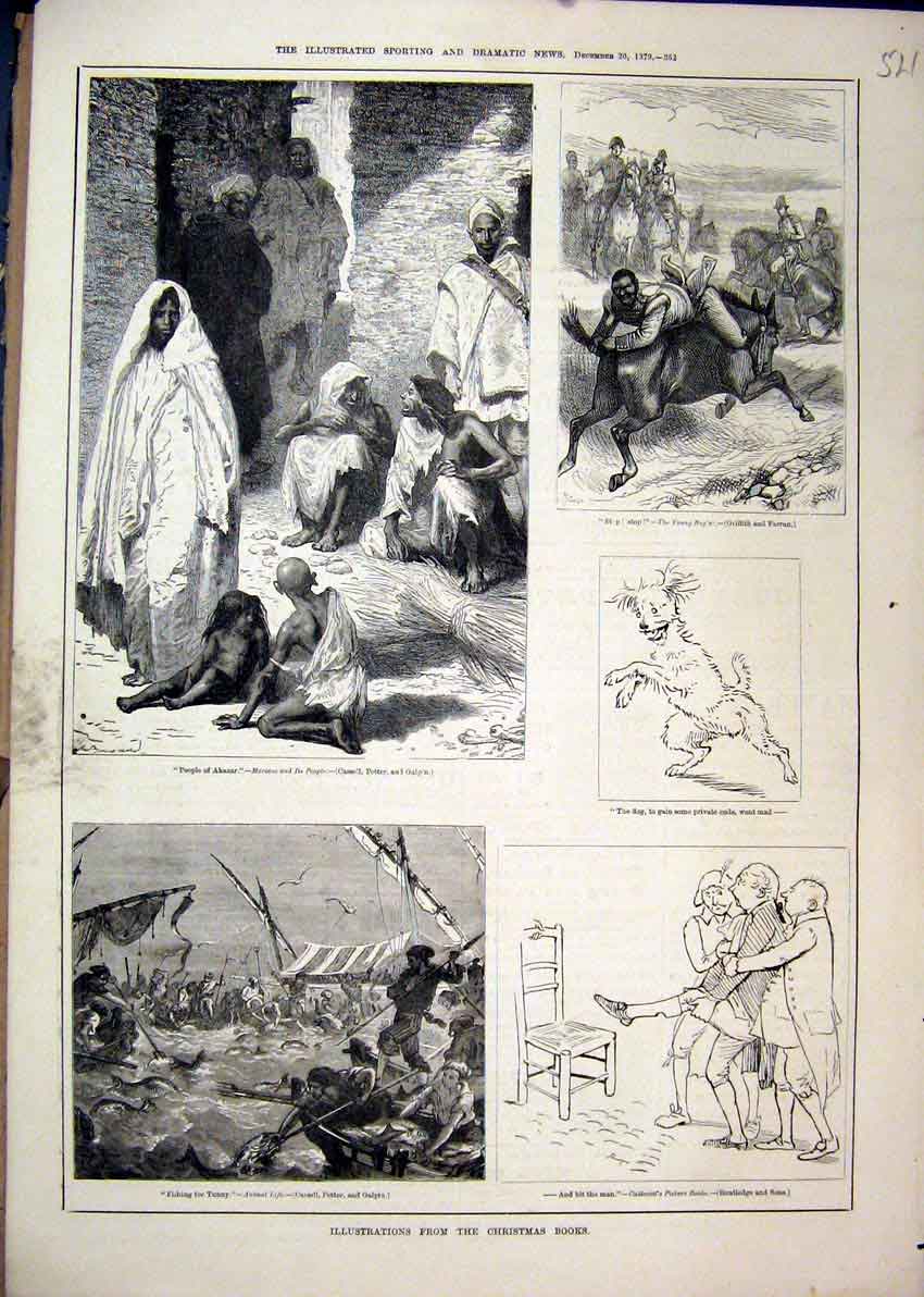 Original Old Antique Print Christmas 1879 People Akazar Horse Fishing Tunny Dog