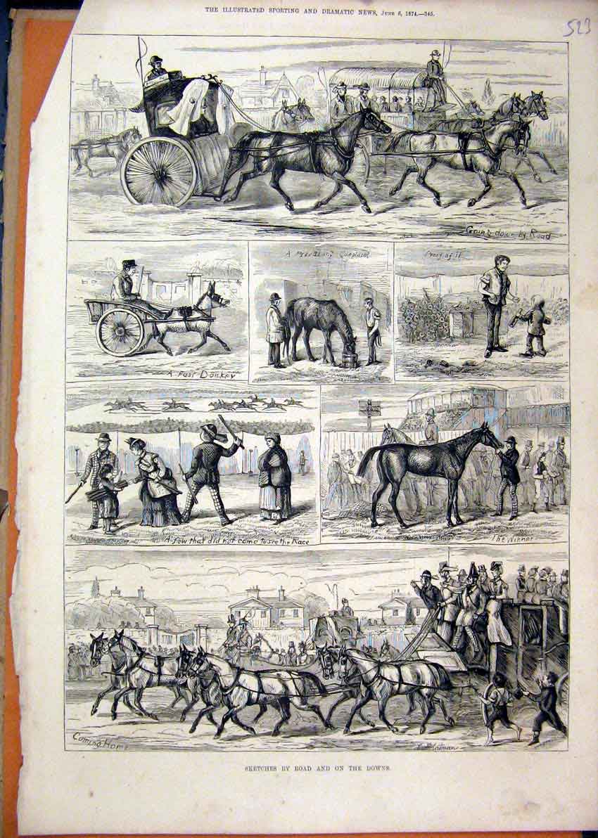 Old Antique Print 1874 Sketches Horses Coach Donkey Winner Race Children 19th