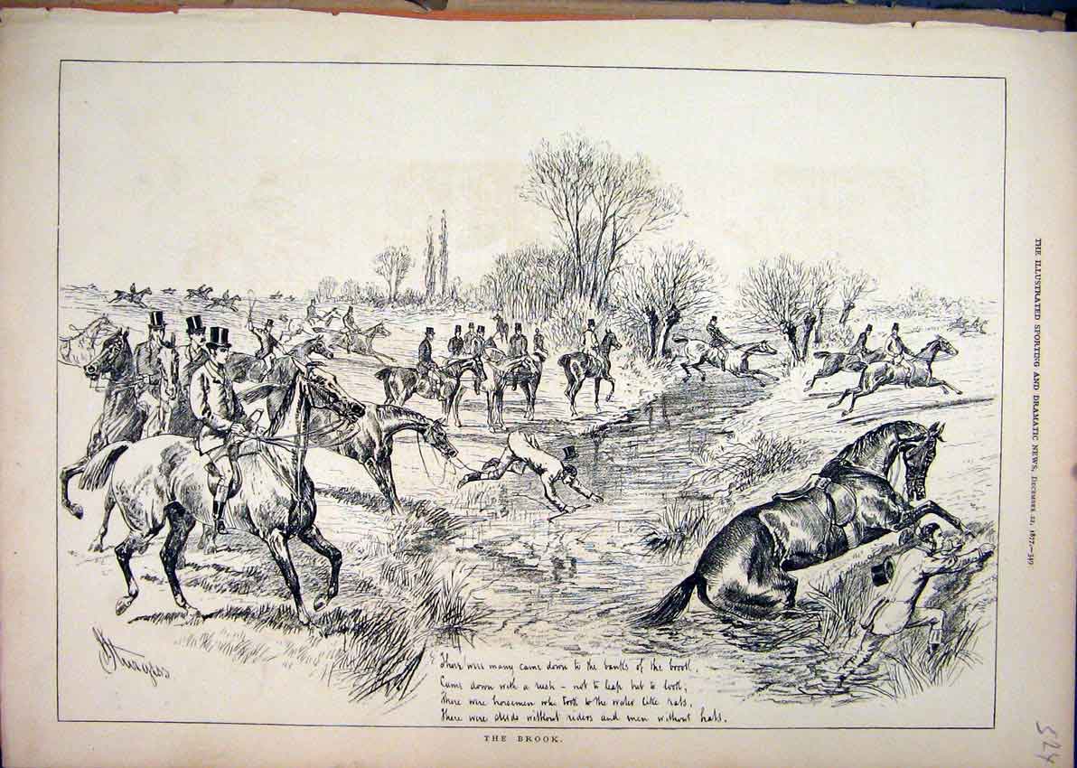 Original Old Antique Print 1877 Fox Hunting Horses Jumping Brook Water Falling