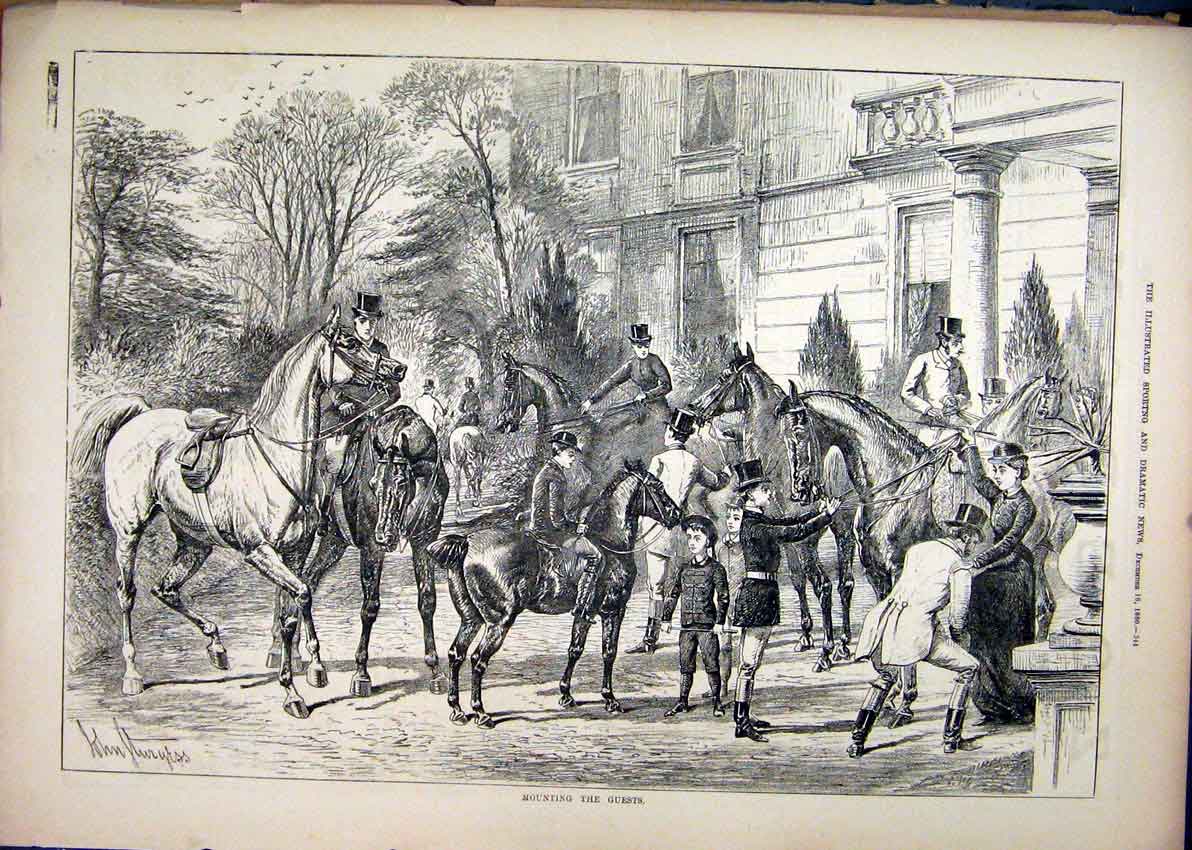 Original Old Antique Print Mounting Guests 1880 Horses Building Country 19th