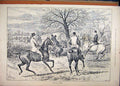 Original Old Antique Print 1890 Horses Hunting Jumping Men Trees Country Scene