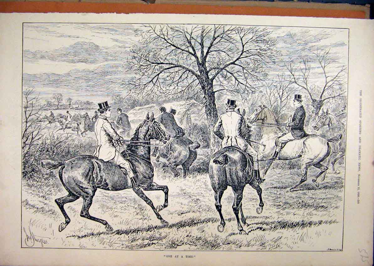 Original Old Antique Print 1890 Horses Hunting Jumping Men Trees Country Scene