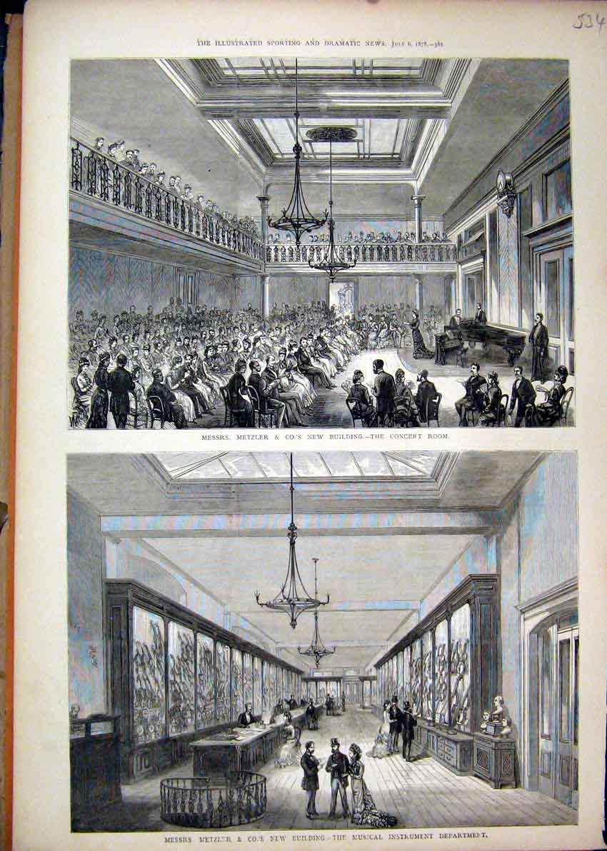 Old Antique Print 1878 Metzler Building Concert Room Musical Instruments 19th