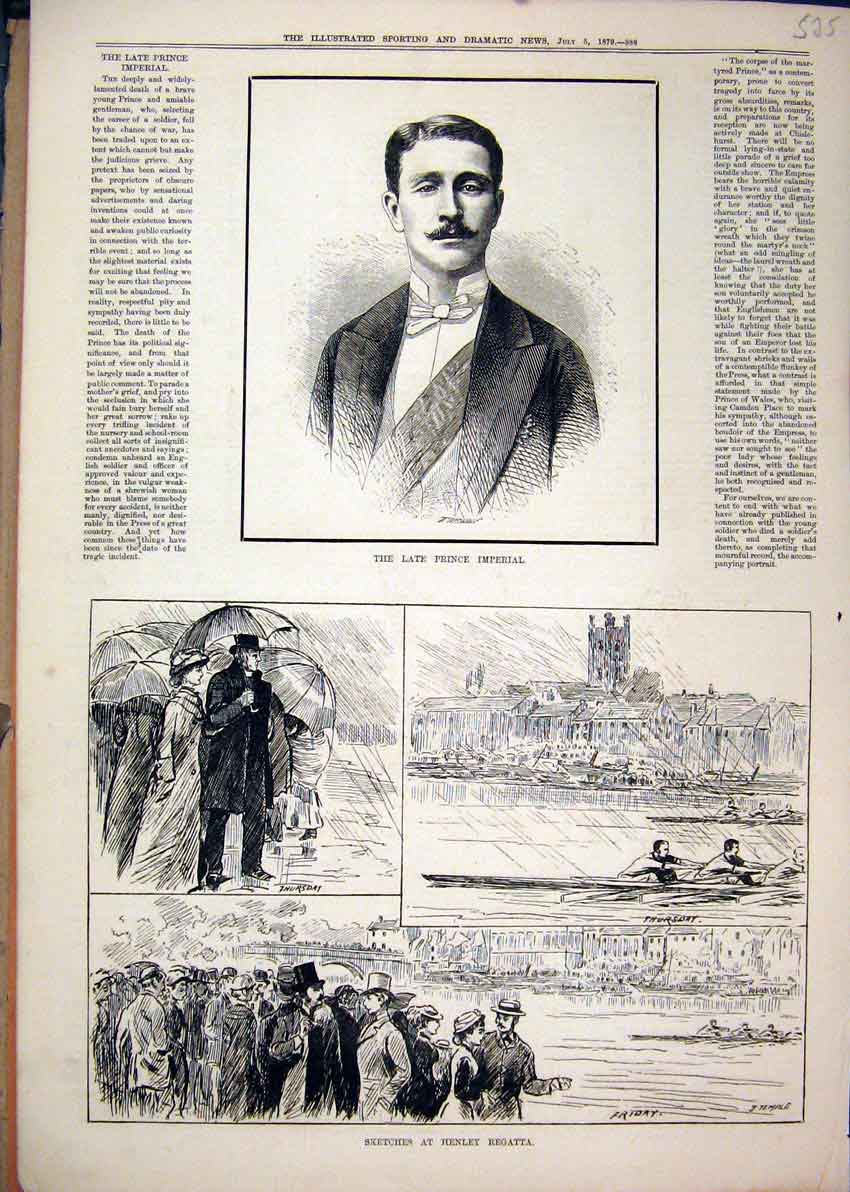 Old Antique Print Late Prince Imperial 1879 Sketches Henley Regatta Boats 19th