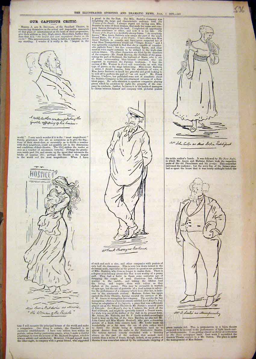 Original Old Antique Print 1879 Caption Sailor Woman Baby Fat Man Theatre 19th