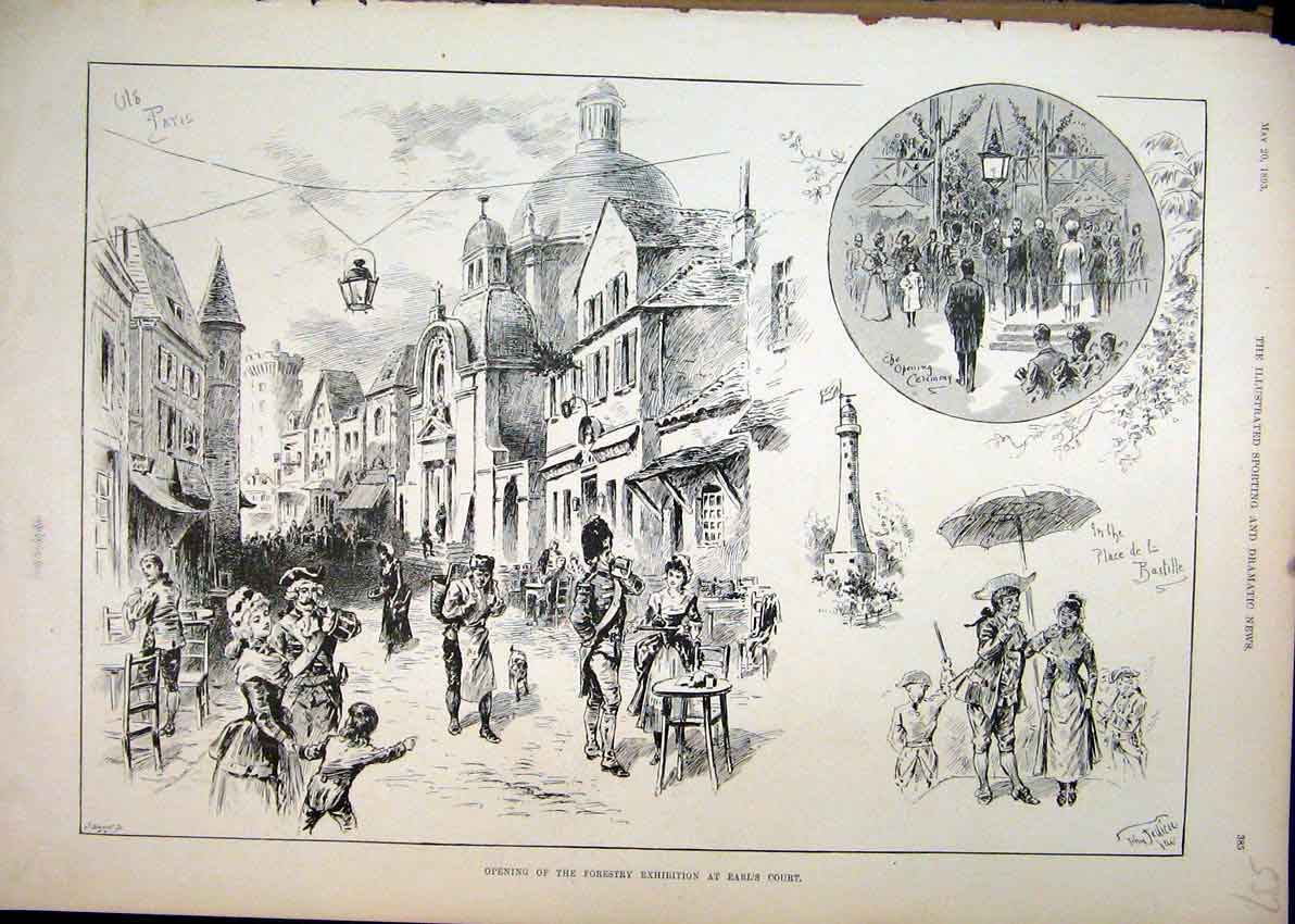 Original Old Antique Print 1893 Opening Forestry Exhibition Earls Court Bastille