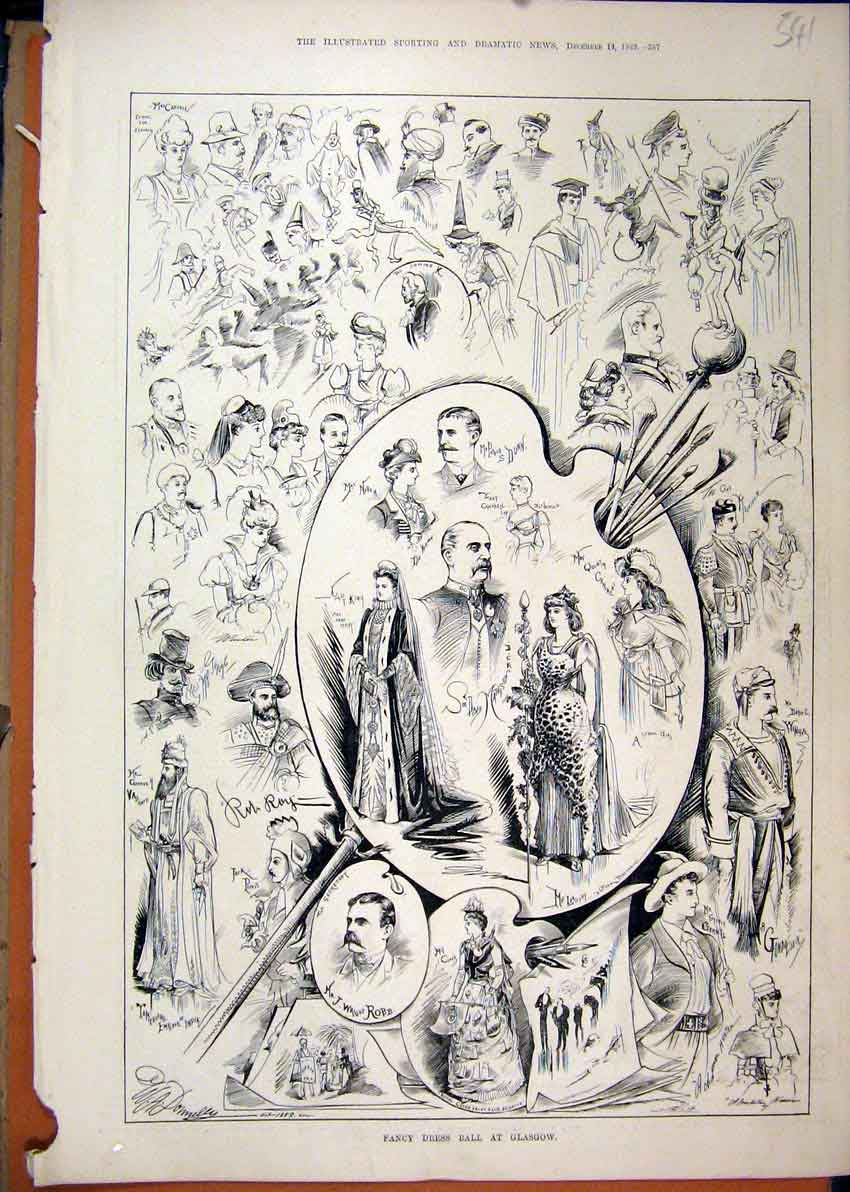 Original Old Antique Print 1889 Fancy Dress Ball Glasgow Costume King Niven Dunn