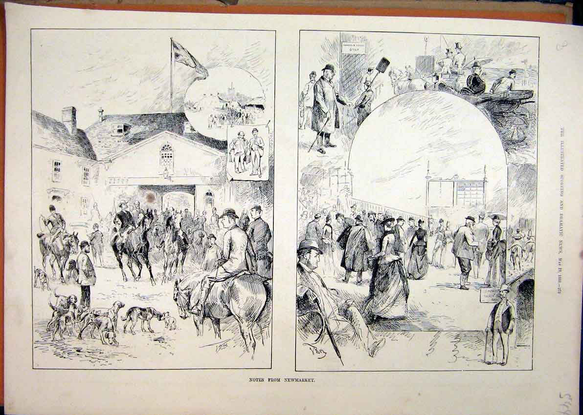 Original Old Antique Print 1888 Newmarket Horse Racing Stables Dog Victorian