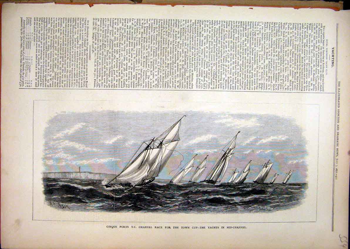 Old Antique Print Cinque Ports Channel Race 1877 Town Cup Yachts Channel 19th