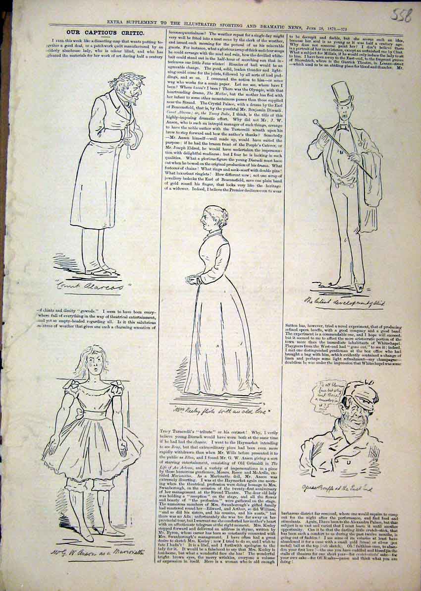Original Old Antique Print Captions 1879 Theatre Marionette Woman Man Top Hat