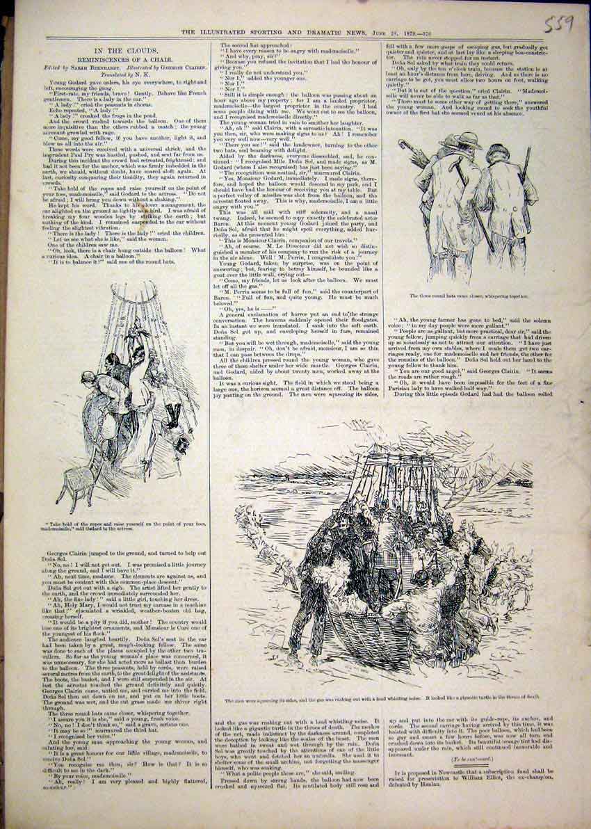 Original Old Antique Print 1879 Hot Air Balloon Men Round Hats Chair Victorian