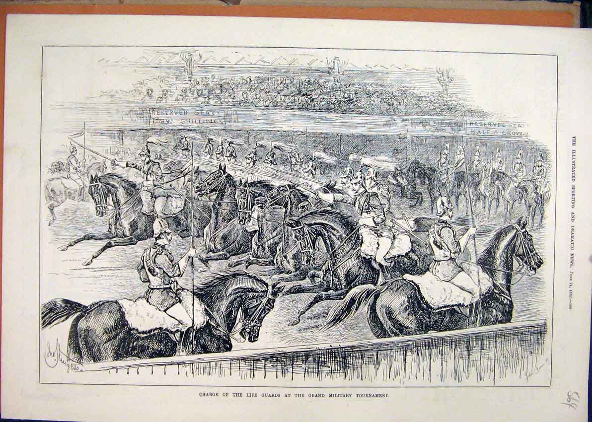 Original Old Antique Print 1882 Charge Life Guards Grand Military Tournament
