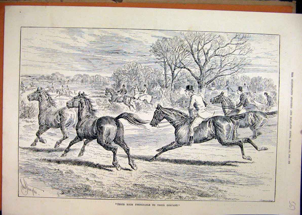 Old Antique Print Fox Hunting 1888 Horses Loose Men Jumping Country Scene 19th