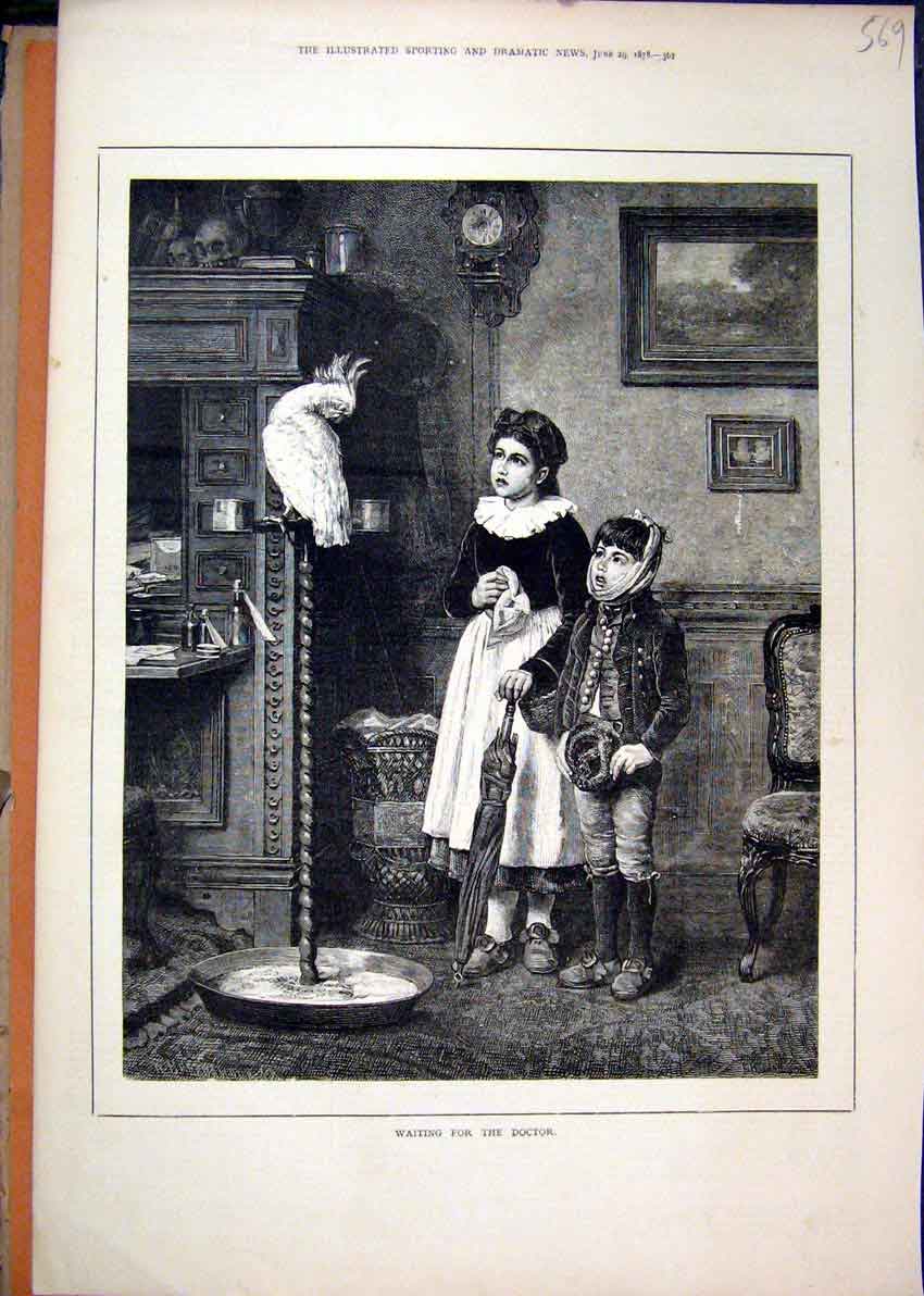 Original Old Antique Print 1878 Young Girl Boy Waiting Doctor Parrot Stand 19th