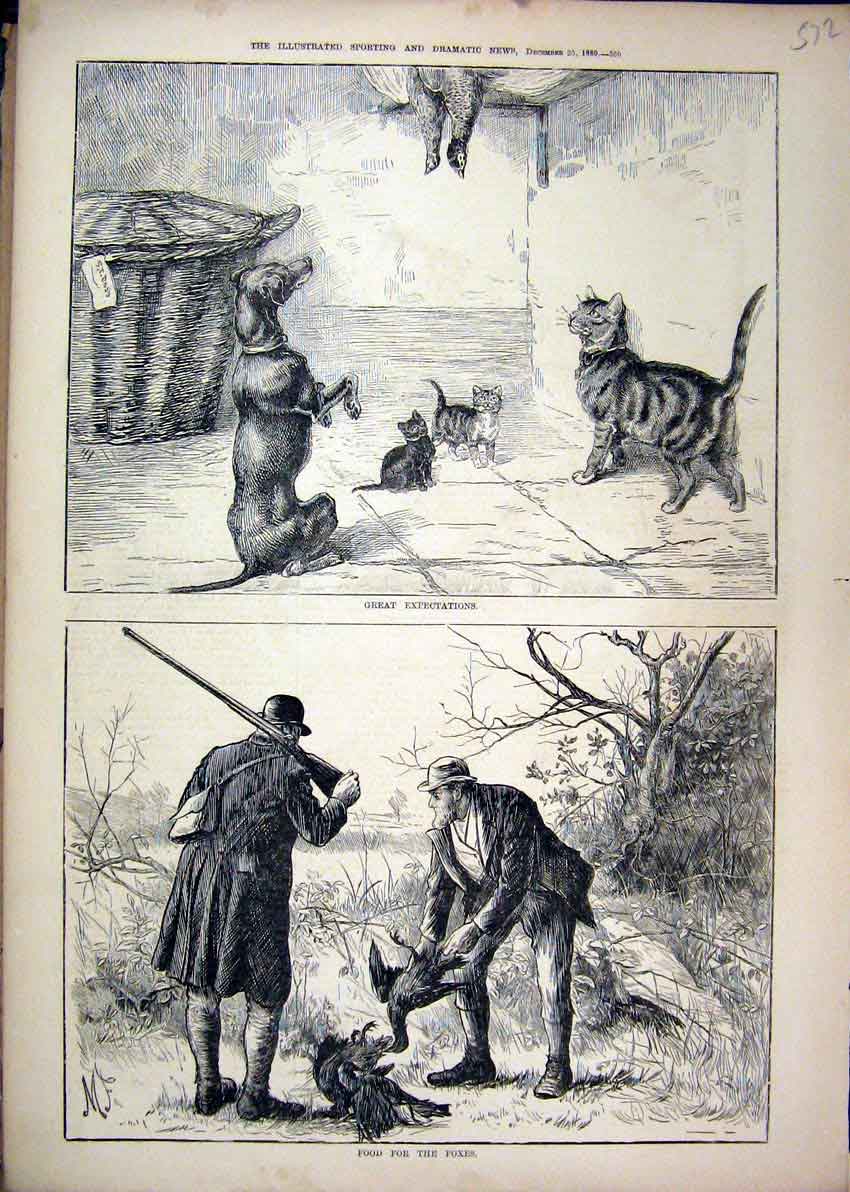 Original Old Antique Print 1880 Men Shooting Birds Country Dog Cats Victorian