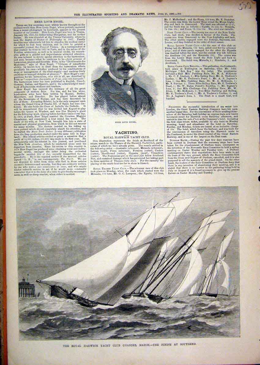 Old Antique Print Portrait Herr Louis Engel 1880 Royal Harwich Yacht Club 19th