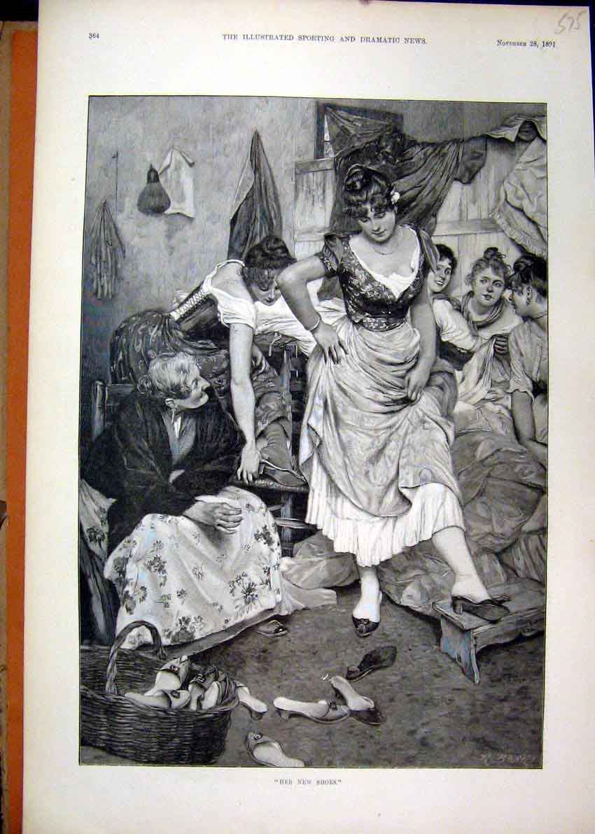 Original Old Antique Print 1891 Woman Dresses Rich Trying Shoe Shop Victorian