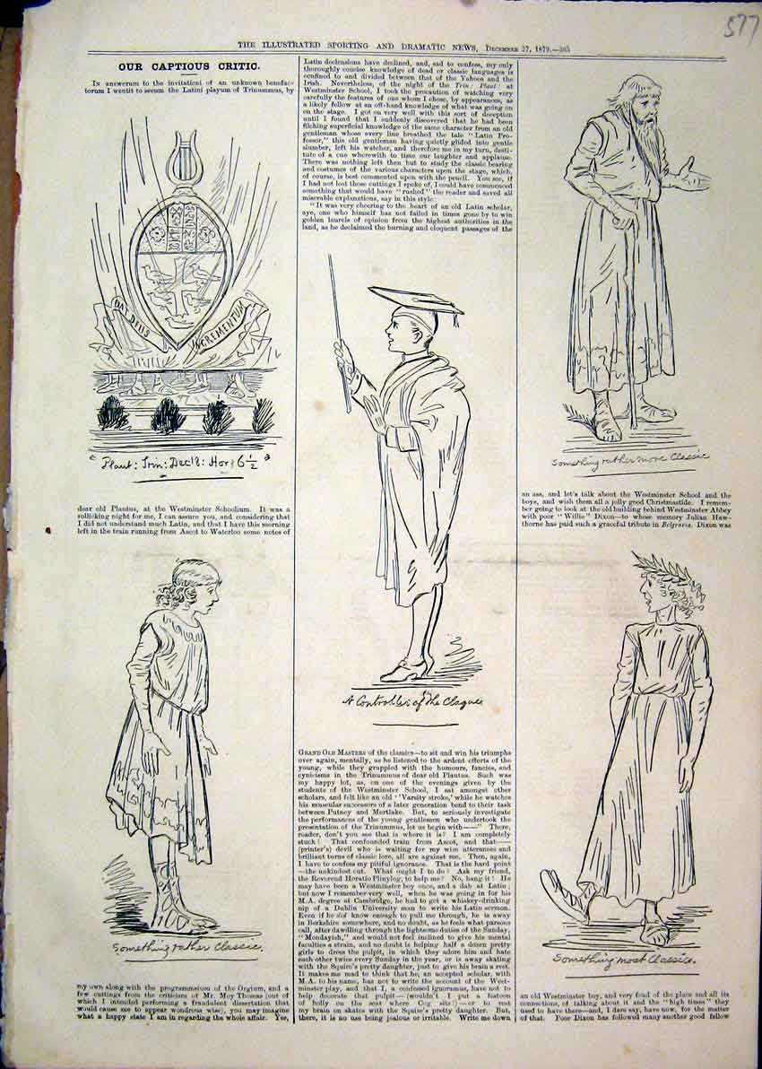 Original Old Antique Print 1879 Captions Teacher Greek Man Stick Beard Victorian