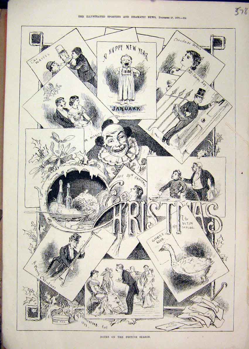 Original Old Antique Print 1879 Sketches Christmas Goose Clown Dancing Victorian