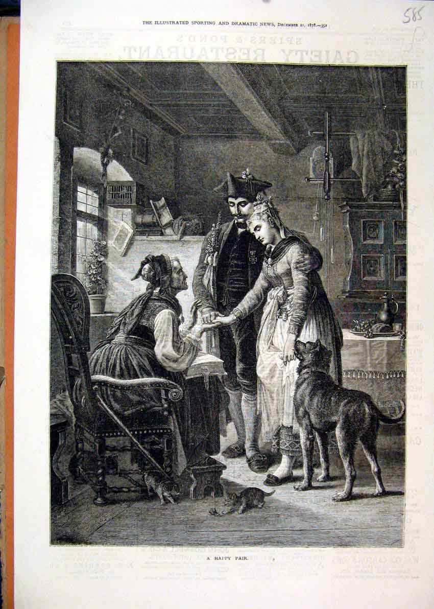 Original Old Antique Print 1878 Man Woman Romance Sitting Room Dog Victorian