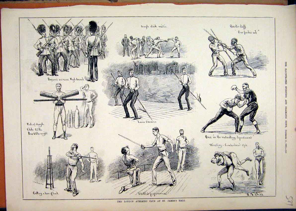 Original Old Antique Print London Athletic Club James Hall 1883 Lance Wrsetling