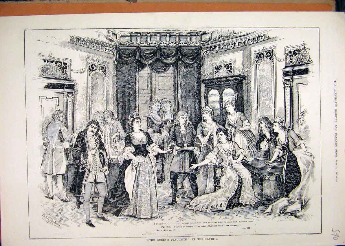 Original Old Antique Print 1883 Queens Favourite Theatre Olympic Duchess Ladies