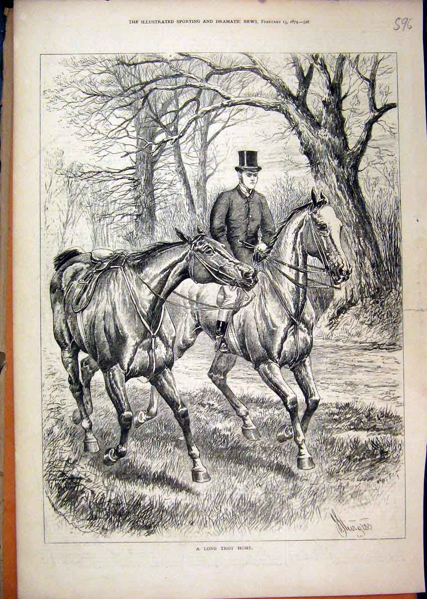 Original Old Antique Print 1879 Man Leading Horse Trees Country Scene Victorian