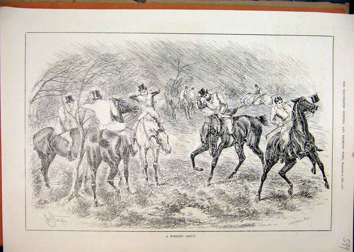 Original Old Antique Print 1884 Hunting Horses Riders Wind Rain Country Scene