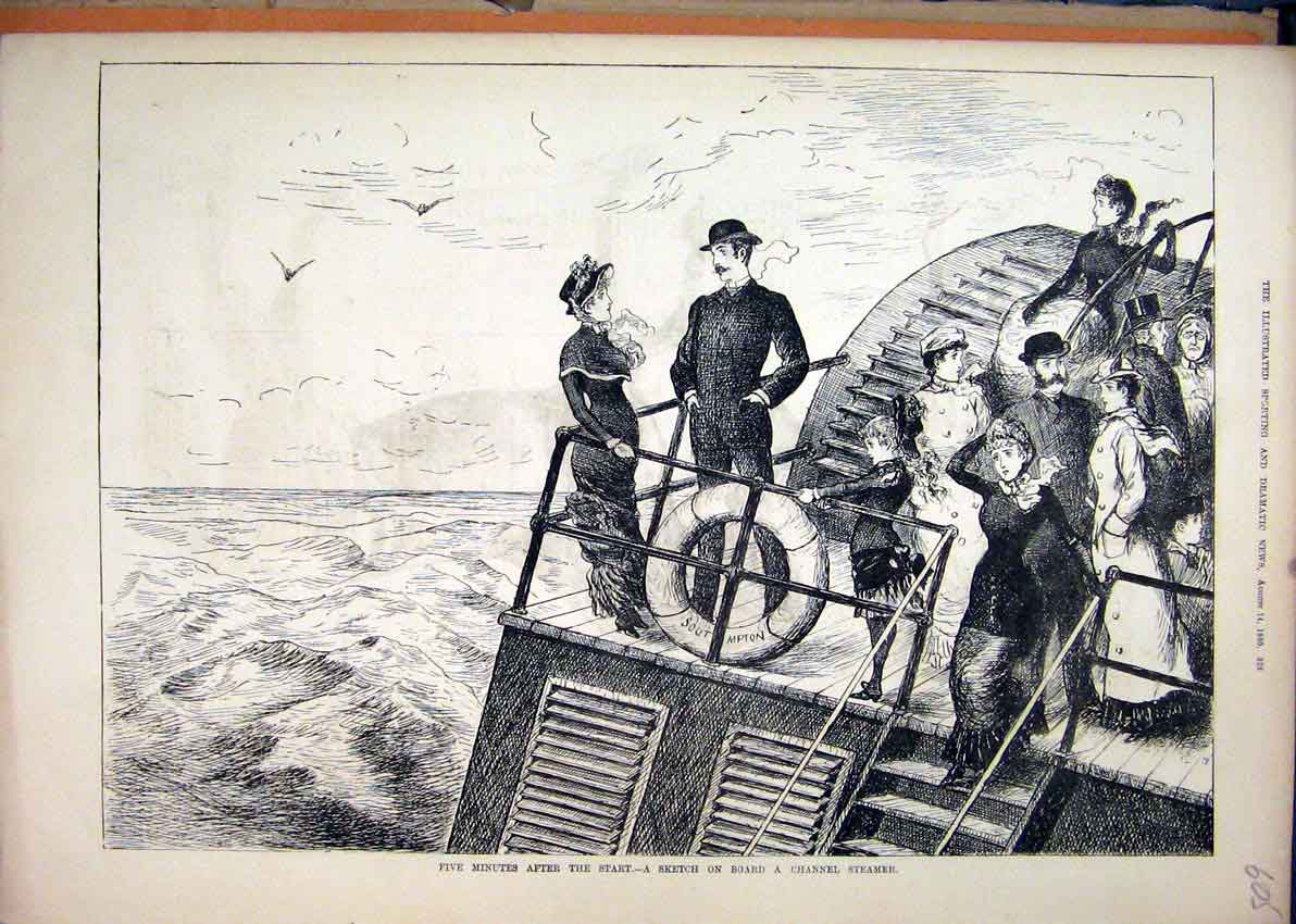 Original Old Antique Print Sketch Board Channel Steamer 1880 Stormy Sea 19th