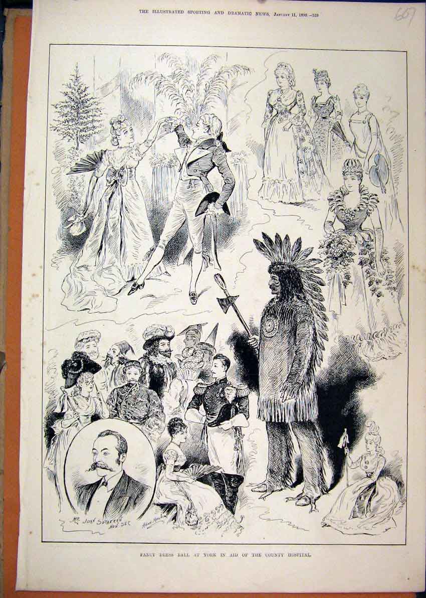 Original Old Antique Print 1890 Fancy Dress Ball York County Hospital Costume