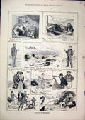 Original Old Antique Print Seaside Scene 1879 Scarborough Sail Ramsgate Donkey