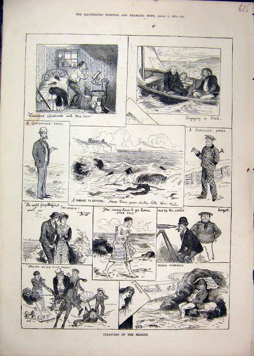 Original Old Antique Print Seaside Scene 1879 Scarborough Sail Ramsgate Donkey