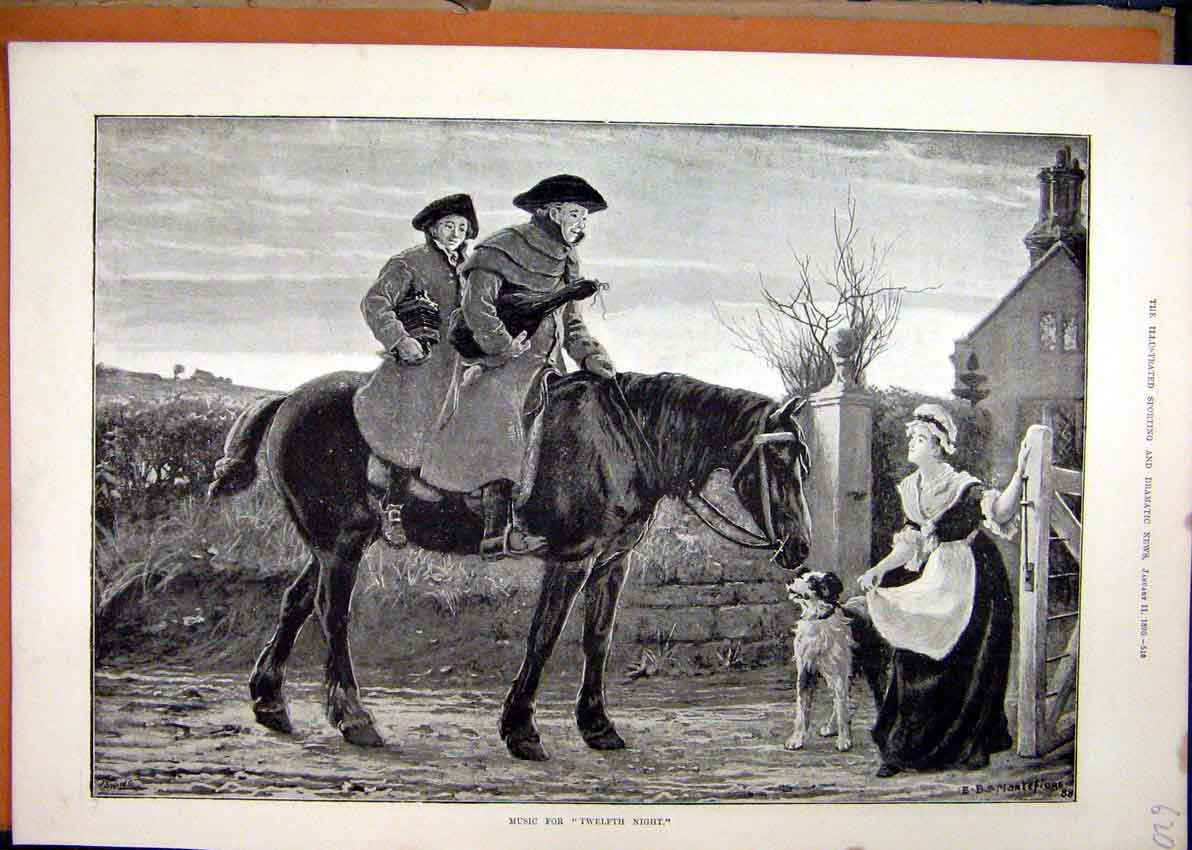 Original Old Antique Print Men Horse 1890 Woman Dog Gate Music Fine Art 19th