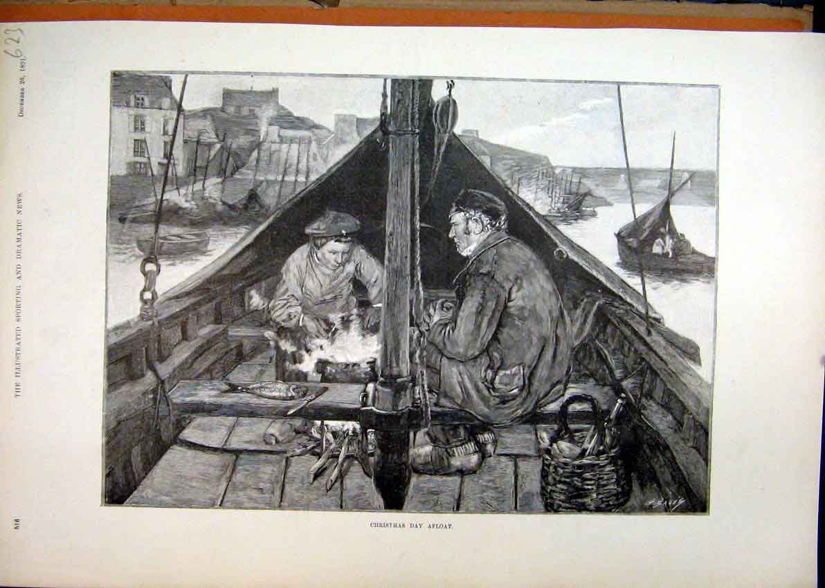 Original Old Antique Print Christmas Day Boat 1891 Man Boy Dog Basket Fine Art