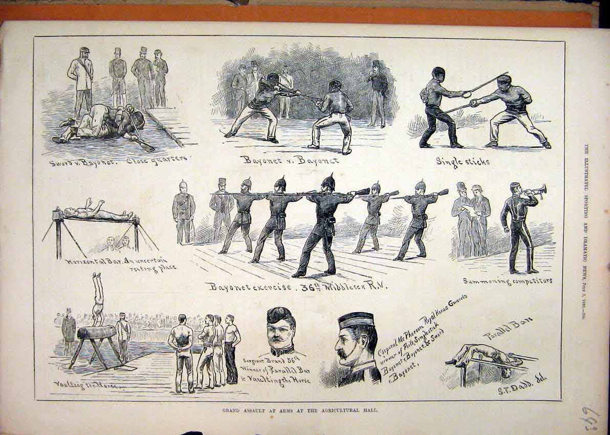 Old Antique Print Grand Assault Arms Agricultural Hall 1880 Bayonet Horse 19th