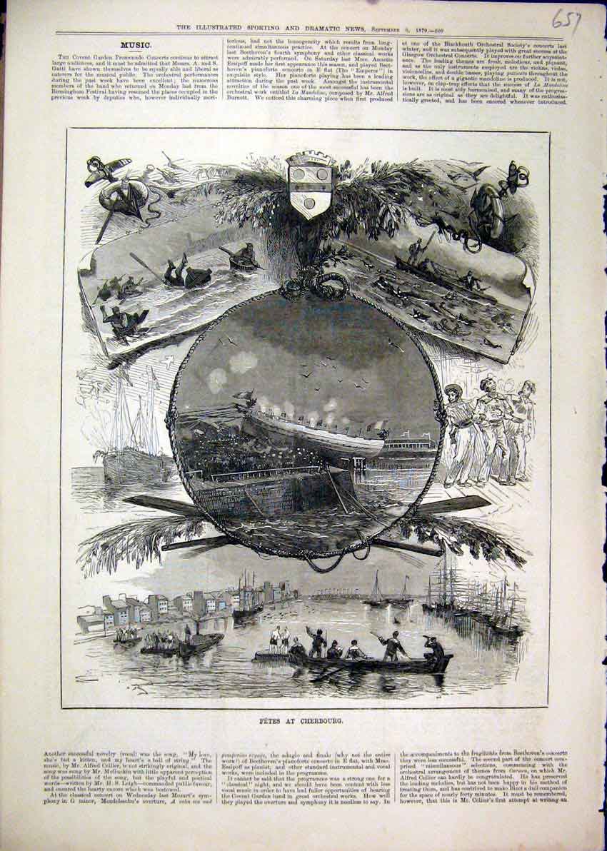 Original Old Antique Print 1879 Fetes Cherbourg Boats Ship Men Water Victorian