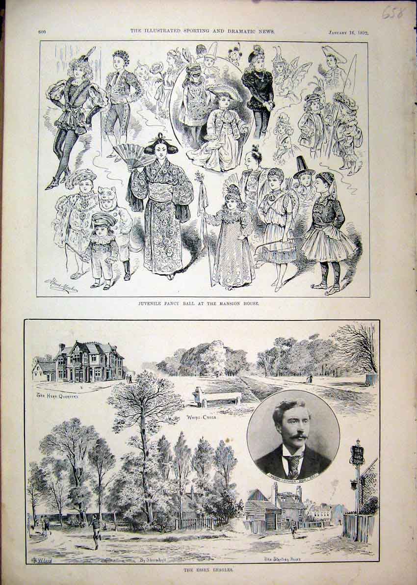 Old Antique Print Essex Beagles Whips Cross 1892 Fancy Ball Mansion House 19th