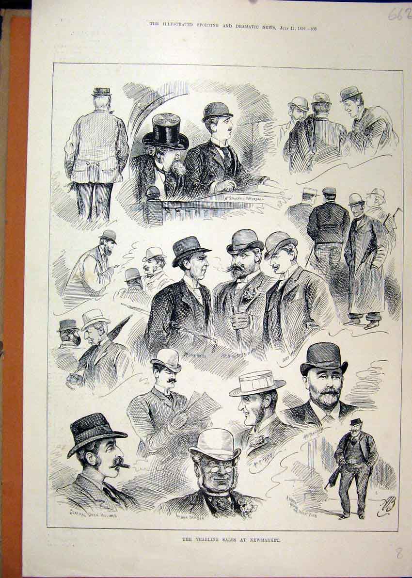 Original Old Antique Print 1890 Yearling Sale Newmarket Men Top Hat Victorian