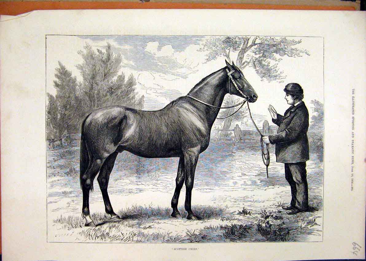 Original Old Antique Print 1874 Man Hing Horse Scottish Chief Country Victorian