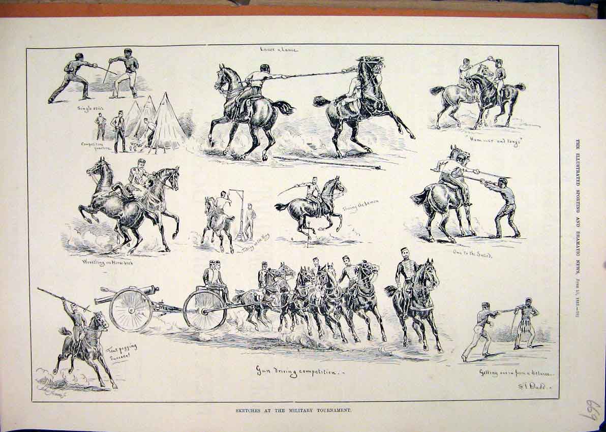 Original Old Antique Print Sketches Military Tournament 1883 Horse Wrestling