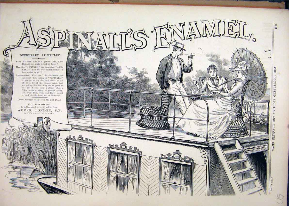 Original Old Antique Print 1889 Advert Aspinalls Enamel Man Women River Boat