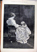 Original Old Antique Print 1883 Woman Siiting Chair Little Girl Book Art 19th